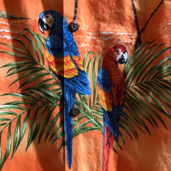 Men’s Hawaiian Aloha Short Sleeve Shirt Orange Parrots Vacation - Picture 5 of 5
